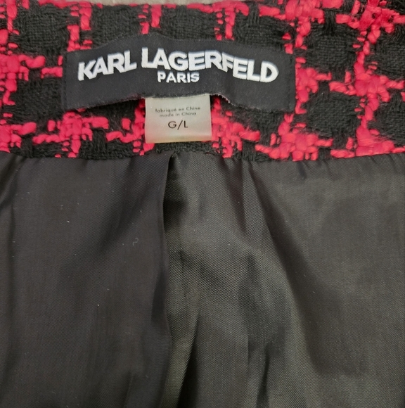 Karl Lagerfeld Cropped Tweed Pink and Black Open Front Jacket. Size Large - Picture 7 of 12